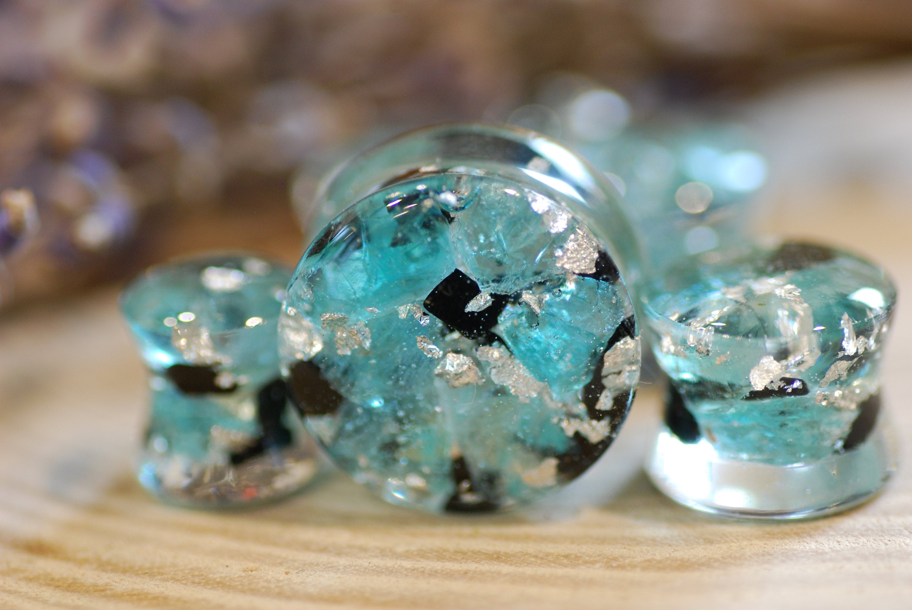 Blue Apatite & Black Tourmaline Ear Plugs: Silver Flake Resin Gauges