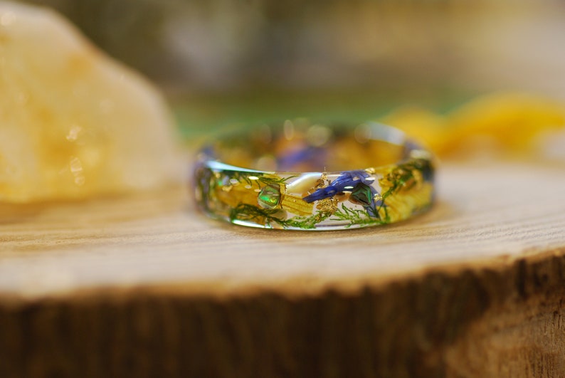 Bague florale en résine avec tournesols, bague fleur pressée bleue, bagues fleurs sauvages, bijoux botaniques, bijoux vraies fleurs, cadeau fête des mères image 7