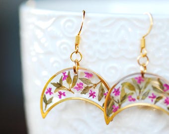 Real Dried Flower Crescent Moon Earrings with Pink Blossoms and Thyme Leaves