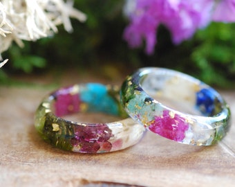 Family Birthstone Ring, Personalized Gift, Mothers Ring Gift, Family Ring, Nature Jewelry, Pressed Flower Resin Ring, Family Gift