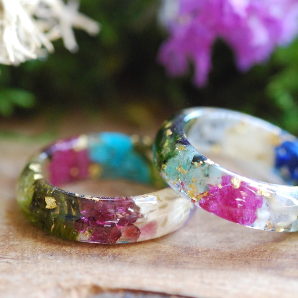 Familie Birthstone Ring, personalisiertes Geschenk, Mütter Ring Geschenk, Familien Ring, Natur Schmuck, gepresste Blume Harz Ring Git für Familie