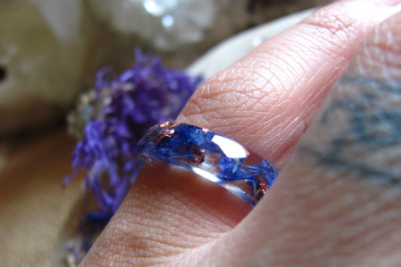 Blue Flower Ring Nature Rings Resin Ring Copper Flakes Ring Nature engagement ring Fairy Ring Bohemian Ring Flower Jewelry Gift for Sister