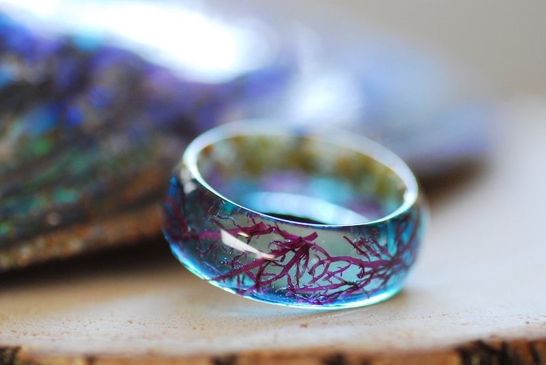 Ocean Resin ring, Mermaid Blue Ring, Nautical Ring, Blue Summer Resin Ring, Sea Ring, Real Seaweed Ring, Mermaid Jewelry, Sea Gift image 5