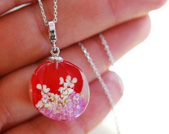 Pressed Wild Flower Necklace with Opal, October Birthstone necklace, Pink Opal Pendant, Red Floral Necklace, Gift for Mum