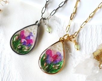 August Birth Flower Necklace: Pink Gladiolus Resin Pendant, Peridot Charm
