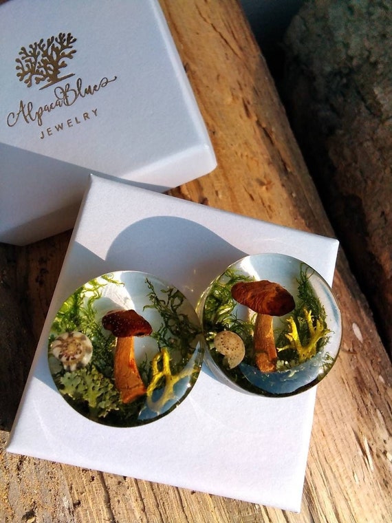 Real Mushroom Ear Plugs with Moss, Double Flared Forest Ear Gauges, Magic Mushroom Ear Gauges, Fairy Resin Tunnels, Goblincore Gifts