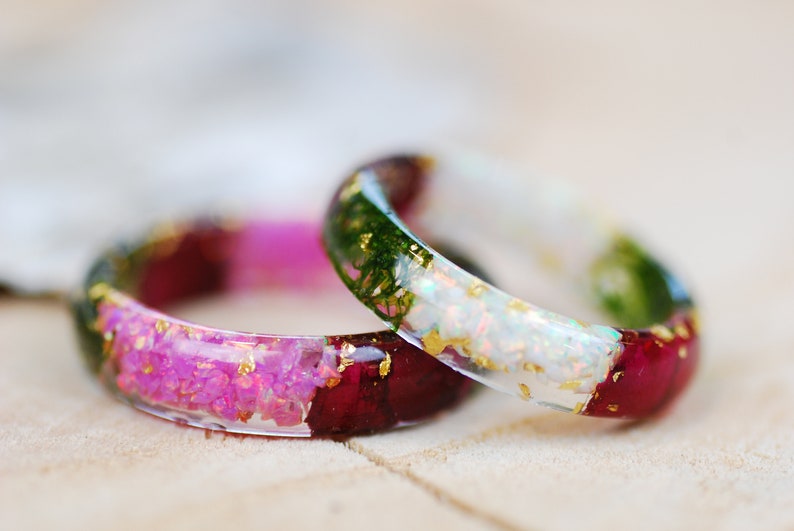 Iridescent White Opal Fire Ring with Rose Flowers, Moss Nature Resin Ring, Gemstone Opal Ring, Boho October Birthstone Ring, Opal Jewelry image 1