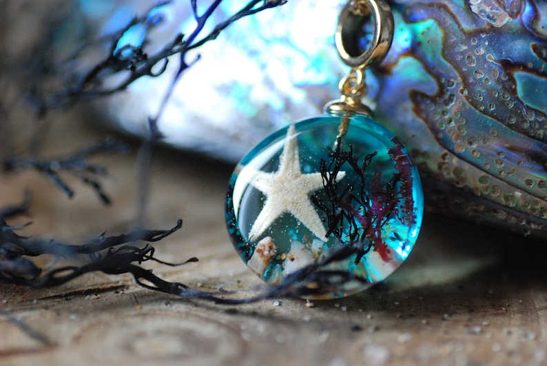 Ocean Starfish Necklace, Blue Sea Necklace, Mermaid Pendant, Resin Necklace, Underwater Necklace, Seaweed Nature Pendant image 2