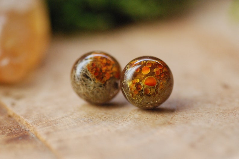 Forest Lichen Stud Earrings, Tree Moss Earrings, Nature Lover Gift, Rustic Post Earrings, Woodland Resin Earrings, Gift for Her image 1