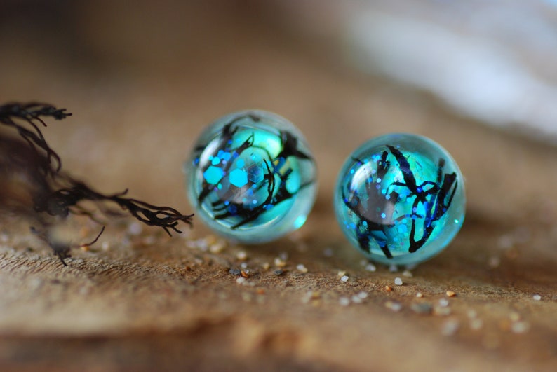 Real Seaweed Stud Earrings, Ocean Resin Earrings, Unique Blue Sea Earrings, Gift for Ocean Lovers, Mermaid Jewelry image 6