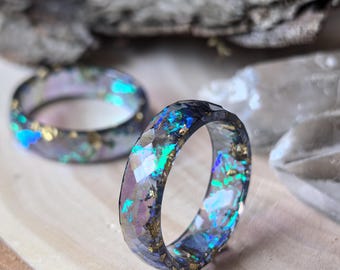 Iridescent Black Resin Ring, Faceted Galaxy Band with Gold Flakes