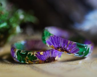 Purple Aster Resin Band with Ferns, September Birth Flower Ring, Wildflowers Cottagecore Jewelry