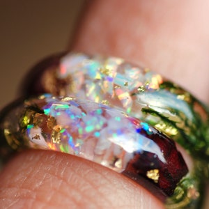 Resin ring made of white or pink opal to choose, with green moss, red roses and gold flakes