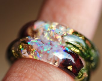 White Opal Ring, October Birthstone Ring, Rose Flower Ring, Rose Resin Ring, Rainbow White Opal Ring, Opal Birthstone Gift