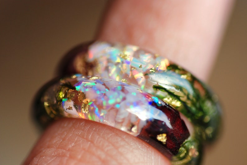 Resin ring made of white or pink opal to choose, with green moss, red roses and gold flakes