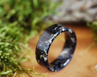 Black Resin Men's Ring with Gold Flakes, 8mm Wide Band Promise Ring