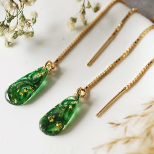 Green Moss Threader Earrings, Modern Teardrop Dangle Earrings, 14k Gold Plated Chain Earrings, Forest Jewelry Gift for Women