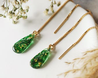 Green Moss Threader Earrings, Minimalist Gold Teardrop Chain, Lightweight Forest Jewelry