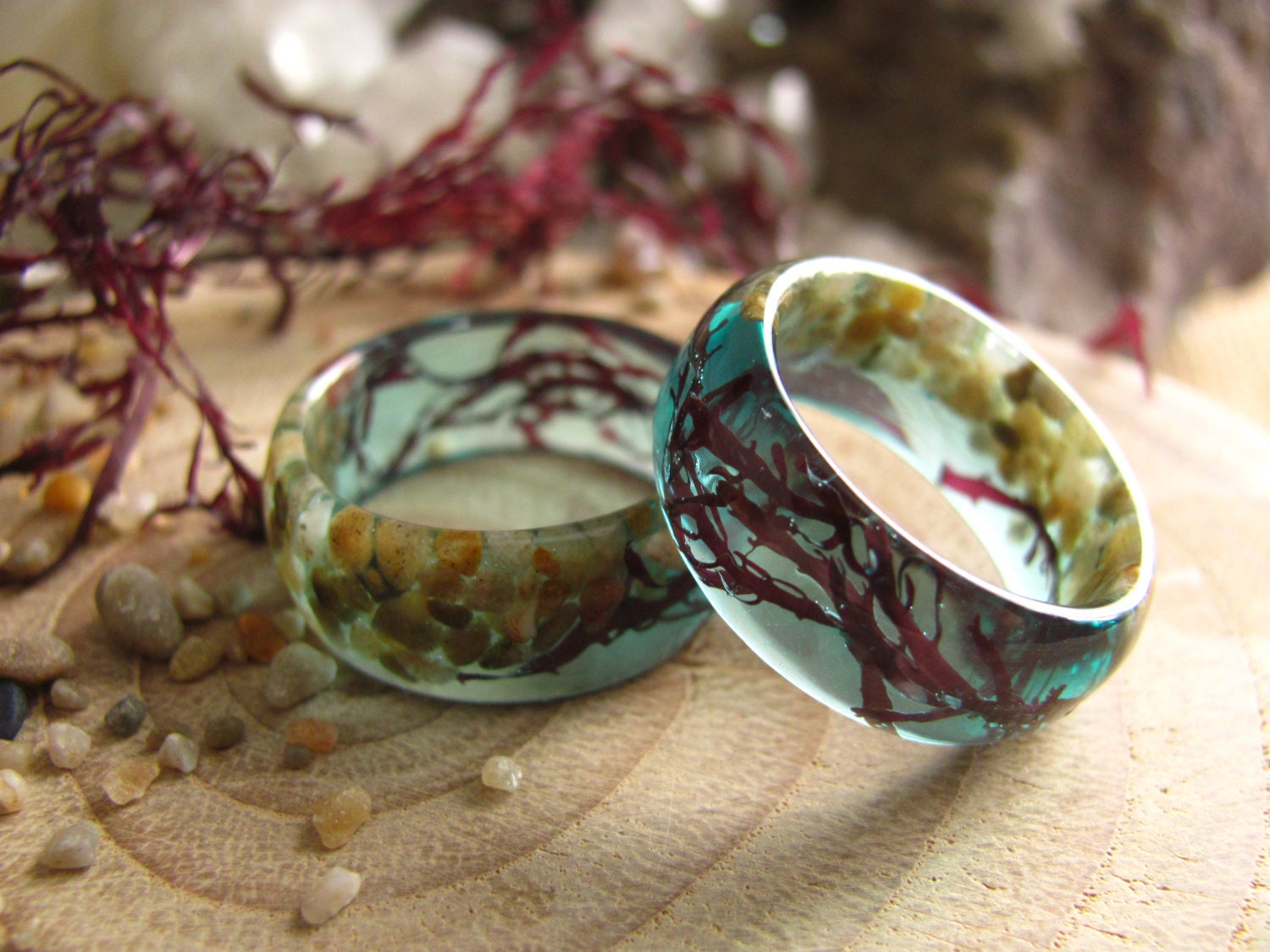 Mermaid Ring, Ocean Resin Ring, Nautical Ring, Blue Summer Resin Ring, Beachy Ring, Real Seaweed Ring, Mermaid Jewelry, Sea Gift