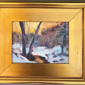 FRAMED Original oil painting Colorado winter scene snowy creek dusk
