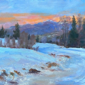 Original oil painting large 16x20 Colorado Mountains winter Sunset Dusk snow scene