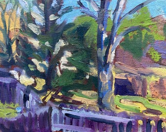 Obra de arte original enmarcada, pequeña pintura al óleo de 5x7 pulgadas, árboles al atardecer, al aire libre.