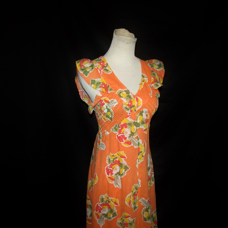 Vtg 70s Orange Floral Sundress Sz M Vintage 1970s Tie Back Empire Waist Summer Dress With Ruffled Cap Sleeves /& Smocked Bodice