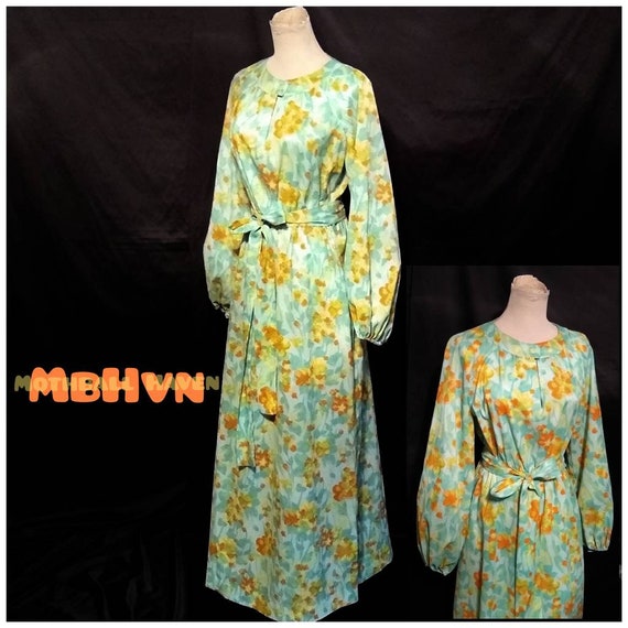 Vtg 60s Flower Power Belted Maxi Dress Sz M/L / V… - image 1