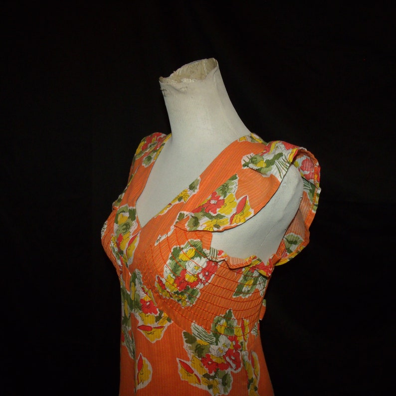 Vtg 70s Orange Floral Sundress Sz M Vintage 1970s Tie Back Empire Waist Summer Dress With Ruffled Cap Sleeves /& Smocked Bodice