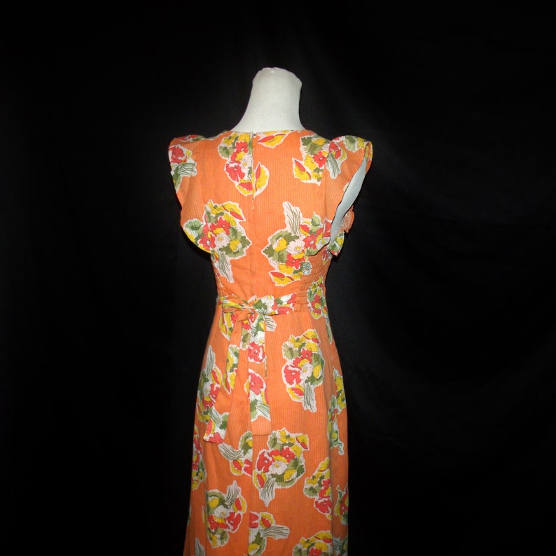 Vtg 70s Orange Floral Sundress Sz M Vintage 1970s Tie Back Empire Waist Summer Dress With Ruffled Cap Sleeves /& Smocked Bodice