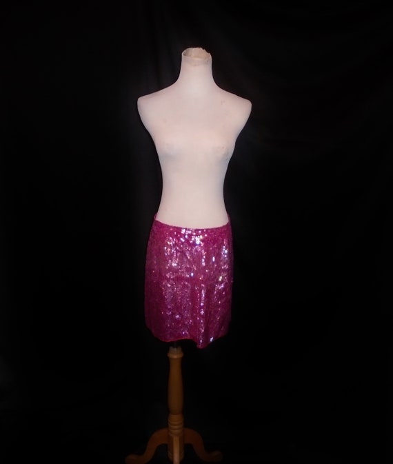 Vtg 90s Hot Pink Sequin Mini Skirt Sz L / Vintage… - image 2
