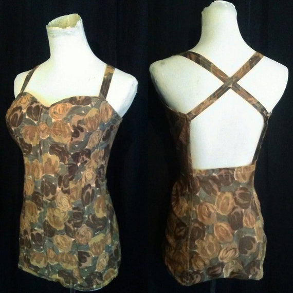 Vintage 50s Pinup Brown Floral One Piece Bathing S