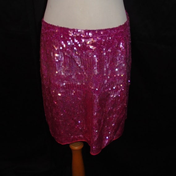 Vtg 90s Hot Pink Sequin Mini Skirt Sz L / Vintage… - image 3