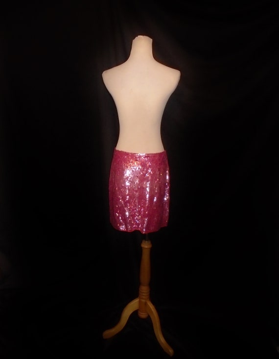 Vtg 90s Hot Pink Sequin Mini Skirt Sz L / Vintage… - image 5