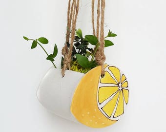 Small lemon planter. Perfect cactus or succulent ceramic planter. Unique suspended planter! Small yellow planter. Unique ceramic planter