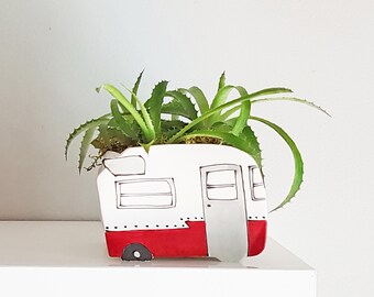 Red vintage camper. Red ceramic planter Perfect cactus or succulent ceramic planter. Small planter unique. Red ceramic vase. Perfect gift!