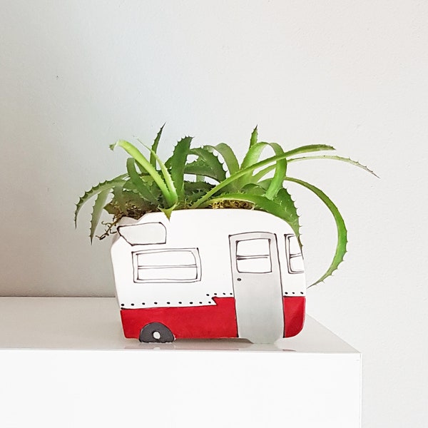 Red vintage camper. Red ceramic planter Perfect cactus or succulent ceramic planter. Small planter unique. Red ceramic vase. Perfect gift!