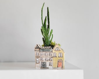 Small handmade ceramic planter of row of houses, series five. Happy vase for plants, perfect for cactus or succulent