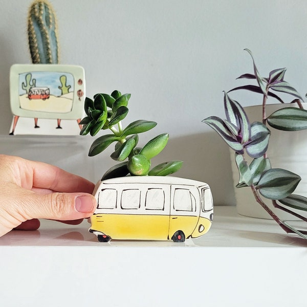 Small yellow van planter. Small planter perfect for cactus or succulent. Unique planter!