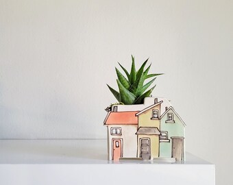 Small handmade ceramic planter of row of houses, series three. Happy vase for plants, perfect for cactus or succulent