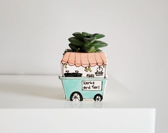 Small planter. ''Herbs and teas boutique on wheels'' vase for plants. Perfect cactus or succulent ceramic planter. Perfect cute gift!