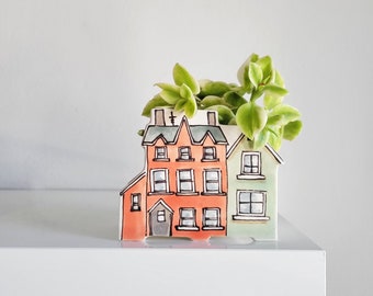 Small handmade ceramic planter of row of houses, series one. Happy vase for plants, perfect for cactus or succulent