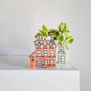 Small handmade ceramic planter of row of houses, series one. Happy vase for plants, perfect for cactus or succulent image 1