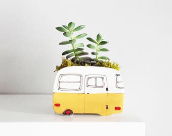 Large vintage Boler caravan vase for plants. Perfect cactus or succulent planter. Small planter unique. Yellow ceramic vase. Perfect gift!