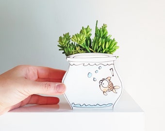 Aquarium goldfish ceramic planter. Perfect funny plant pot for small cactus or succulent. Planter gift for gardening lovers.
