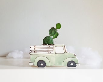 Small green vintage Pickup truck ceramic planter. Old truck planter for cactus or succulent. Unique ceramic green planter! kids room