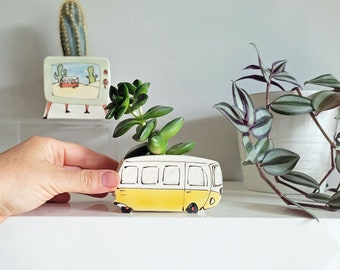 Small yellow van planter. Small planter perfect for cactus or succulent. Unique planter!