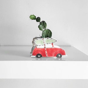 Small planter. Vintage car wtih Christmas tree planter.  Red ceramic planter.