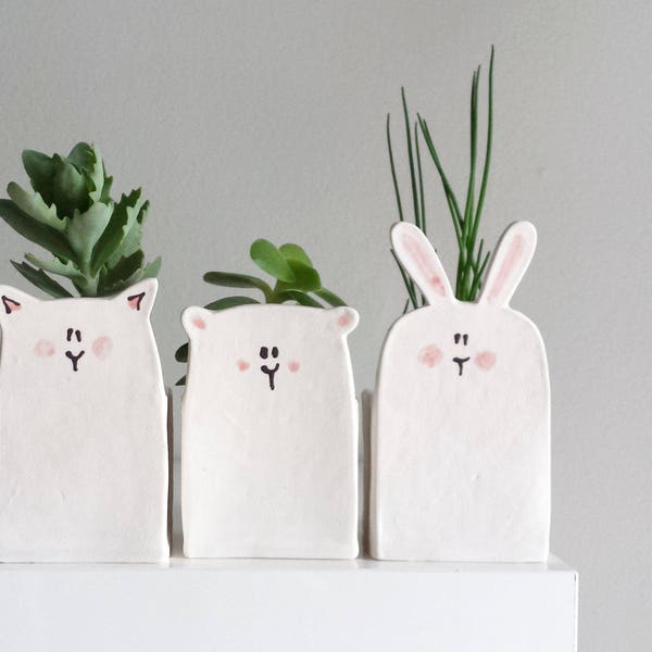 White ceramic planters. Small bear, bunny and cat planters. Perfect vase for cactus, succulent. candlestick. Unique planters