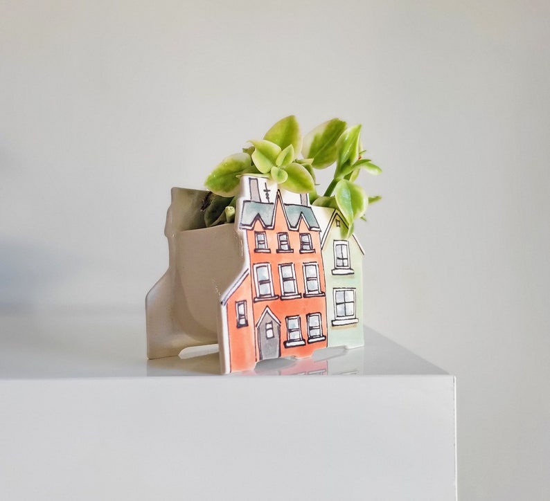 Small handmade ceramic planter of row of houses, series one. Happy vase for plants, perfect for cactus or succulent image 3